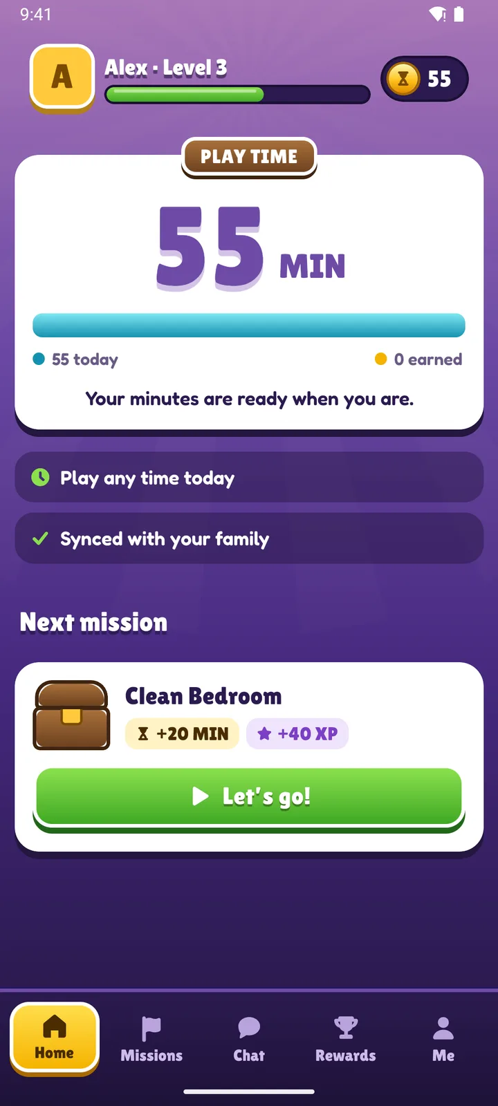 Child app Home showing play time left in minutes.